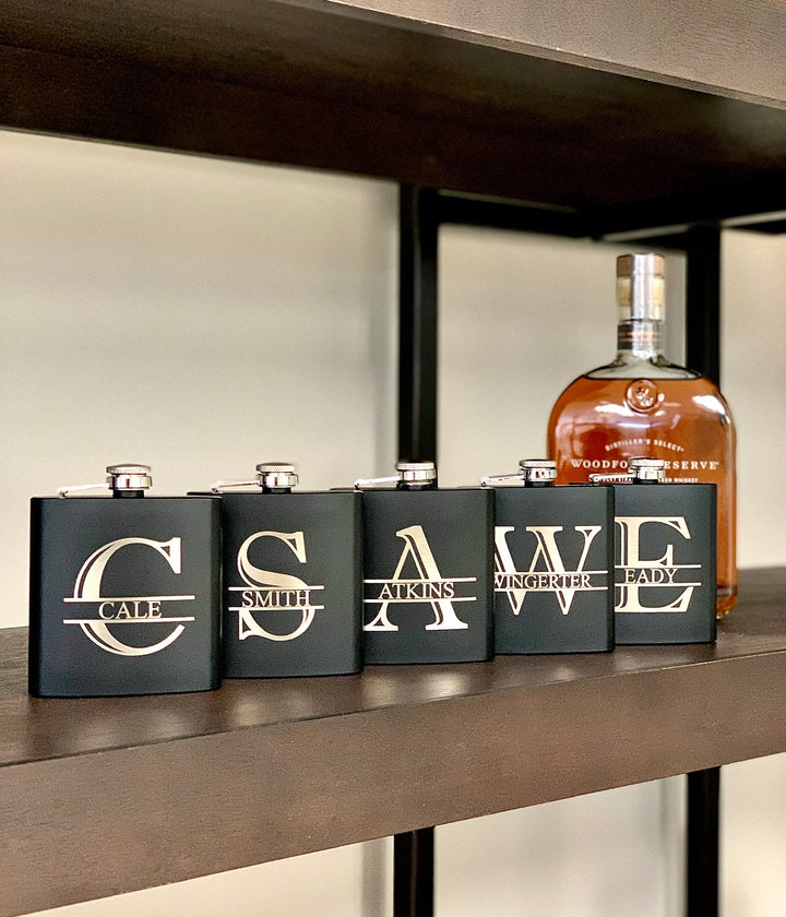 Laser Engraved Personalized Matte Black Flask Set 