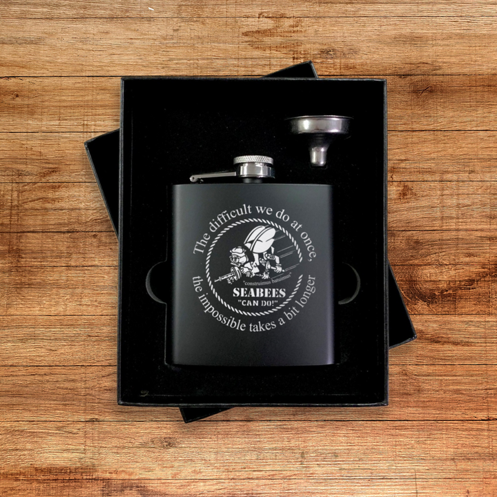 Seabee's "Can Do!" Laser Engraved Personalized Flask Set